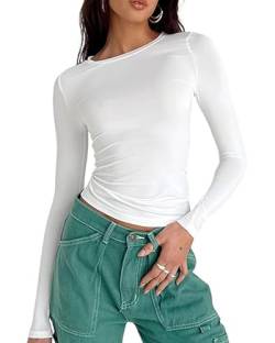 Acrawnni Damen Basic Langarm Top Y2k Slim Fit TikTok Tight Baby Tee Tops Skim Dupe Basic Crop Tops Bluse Ästhetische Streetwear (A-White, M) von Acrawnni