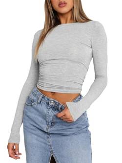 Acrawnni Damen Basic Langarm Top Y2k Slim Fit TikTok Tight Baby Tee Tops Skim Dupe Basic Crop Tops Bluse Ästhetische Streetwear (B-Light Grey, S) von Acrawnni