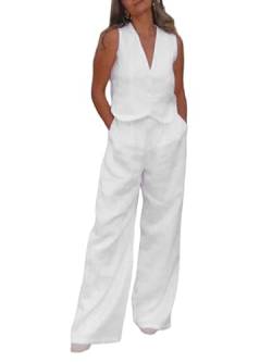 Acrawnni Damen-Blazer, 2-teiliges Outfit, formelle Baumwolle, Leinen, ärmellos, Knopf, Weste, weites Bein, Hose, Set, Blazer, Anzüge, Business-Anzug, A-weiß, Large von Acrawnni
