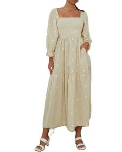 Acrawnni Damen Blumen Bestickt Maxikleid Lange Puffärmel Quadratischer Ausschnitt Gesmokt Stufened Bohemian Flowy Kleid Strand Langes Kleid, A-apricot, Medium von Acrawnni