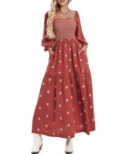 Acrawnni Damen Blumen Bestickt Maxikleid Lange Puffärmel Quadratischer Ausschnitt Gesmokt Stufened Bohemian Flowy Kleid Strand Langes Kleid, A-braun, L von Acrawnni