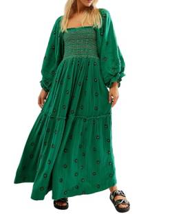 Acrawnni Damen Blumen Bestickt Maxikleid Lange Puffärmel Quadratischer Ausschnitt Gesmokt Stufened Bohemian Flowy Kleid Strand Langes Kleid, A-dark green, L von Acrawnni