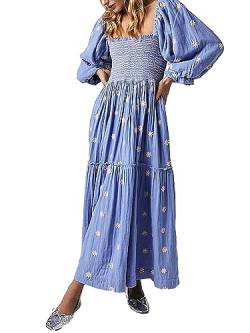 Acrawnni Damen Blumen Bestickt Maxikleid Lange Puffärmel Quadratischer Ausschnitt Gesmokt Stufened Bohemian Flowy Kleid Strand Langes Kleid, A-light blue, Medium von Acrawnni