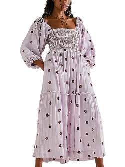 Acrawnni Damen Blumen Bestickt Maxikleid Lange Puffärmel Quadratischer Ausschnitt Gesmokt Stufened Bohemian Flowy Kleid Strand Langes Kleid, A-purple, L von Acrawnni