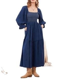 Acrawnni Damen Blumen Bestickt Maxikleid Lange Puffärmel Quadratischer Ausschnitt Gesmokt Stufened Bohemian Flowy Kleid Strand Langes Kleid, B-Marineblau, Medium von Acrawnni