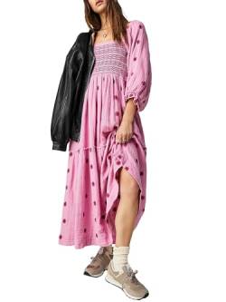 Acrawnni Damen Blumen Bestickt Maxikleid Lange Puffärmel Quadratischer Ausschnitt Gesmokt Stufened Bohemian Flowy Kleid Strand Langes Kleid, B-Rosa, Medium von Acrawnni