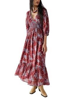 Acrawnni Damen Blumen Bestickt Maxikleid Lange Puffärmel Quadratischer Ausschnitt Gesmokt Stufened Bohemian Flowy Kleid Strand Langes Kleid, C-Wine Red, L von Acrawnni