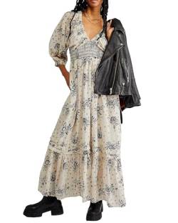 Acrawnni Damen Blumen Bestickt Maxikleid Lange Puffärmel Quadratischer Ausschnitt Gesmokt Stufened Bohemian Flowy Kleid Strand Langes Kleid, C-weiß, L von Acrawnni