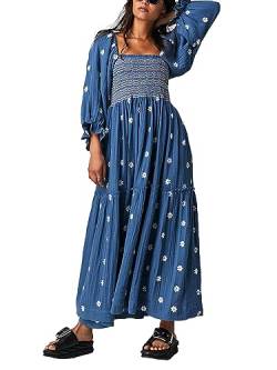 Acrawnni Damen Blumen Bestickt Maxikleid Lange Puffärmel Quadratischer Ausschnitt Gesmokt Stufened Bohemian Flowy Kleid Strand Langes Kleid, Dunkelblau, Medium von Acrawnni