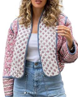 Acrawnni Damen Cropped Puffer Jacke Blumendruck Gepolstert Steppmantel Langarm Leicht Vintage Open Front Gepolstert Cardigan Mantel Oberbekleidung, B-Rosa, 38 von Acrawnni