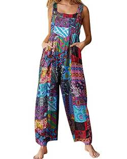 Acrawnni Damen Latzhose Vintage Blumen Gedruckt Lose Casual Baggy Ärmellos Overall Lang Jumpsuit Playsuit Hose Strampler, A-Blau, 42 von Acrawnni