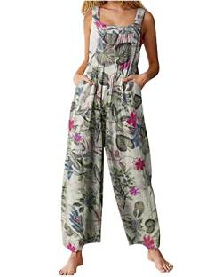 Acrawnni Damen Latzhose Vintage Floral Gedruckt Lose Casual Baggy Ärmellos Overall Lang Jumpsuit Playsuit Hosen Romper (B-Beige, L) von Acrawnni