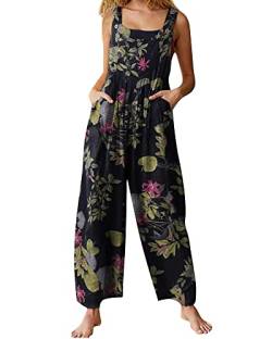 Acrawnni Damen Latzhose Vintage Floral Gedruckt Lose Casual Baggy Ärmellos Overall Lang Jumpsuit Playsuit Hosen Romper (B-Navy Blue, XXXXXL) von Acrawnni