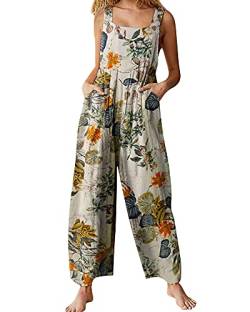 Acrawnni Damen Latzhose Vintage Floral Gedruckt Lose Casual Baggy Ärmellos Overall Lange Jumpsuit Playsuit Hosen Strampler, C-Gelb, 38 von Acrawnni