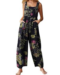 Acrawnni Damen Latzhose Vintage Floral Gedruckt Lose Casual Baggy Ärmellos Overall Lange Jumpsuit Playsuit Hosen Strampler, C-Marineblau, 38 von Acrawnni