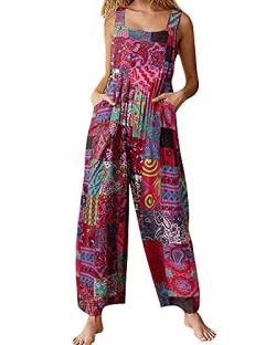 Acrawnni Damen Latzhose Vintage Floral Gedruckt Lose Casual Baggy Ärmellos Overall Lange Jumpsuit Playsuit Hosen Strampler, rot (a), 54 von Acrawnni