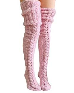 Acrawnni Damen Mädchen Winter Zopfmuster Overknee Socken Oberschenkelhoch Lange Stiefel Socken Strumpf Beinwärmer, B-Rosa, One size von Acrawnni