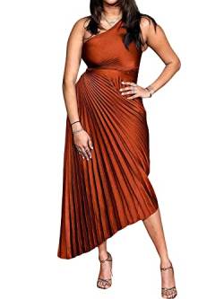 Acrawnni Damen-Maxikleid mit einer Schulter, plissiert, ärmellos, Ausschnitt, unregelmäßiger Saum, gerüscht, figurbetontes langes Kleid, Party, Abend, Cocktailkleid, A-karamellfarben, X-Large von Acrawnni