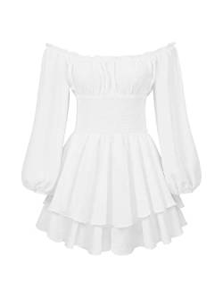 Acrawnni Damen Puffärmel Off Shoulder Shorts Romper Quadratischer Hals Geraffte A Line Flowy Swing Kleid Smocked Layered Piratenkostüm Damen (A-White, L) von Acrawnni