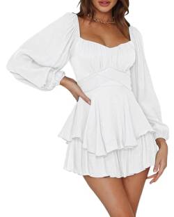 Acrawnni Damen Puffärmel Off Shoulder Shorts Romper Quadratischer Hals Geraffte A Line Flowy Swing Kleid Smocked Layered Piratenkostüm Damen (B-White, S) von Acrawnni