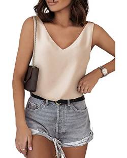 Acrawnni Damen Seiden-Satin-Tank-Top, V-Ausschnitt, lässig, Cami, ärmellos, Camisole Blusen, Sommer Basic Tank Shirt, A-Cremeweiß, Small von Acrawnni