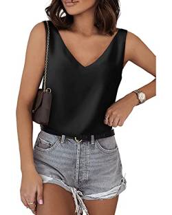 Acrawnni Damen Seiden-Satin-Tank-Top, V-Ausschnitt, lässig, Cami, ärmellos, Camisole Blusen, Sommer Basic Tank Shirt, A-schwarz, X-Large von Acrawnni