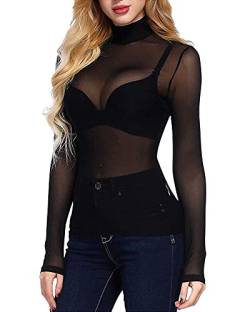 Acrawnni Damen Sexy durchsichtige Hemden mit Netzstoff, langärmelig, Rollkragen, durchsichtige Bluse, A-schwarz, Large von Acrawnni