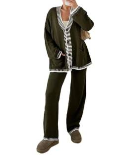 Acrawnni Damen-Strick-Outfit, Pullover-Set, langärmelig, Knopfleiste, offene Vorderseite, Strickjacke, Hose mit weitem Bein, Sweatsuit, Lounge-Sets, A-grün, 36 von Acrawnni