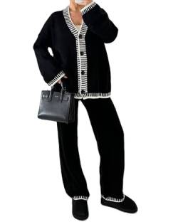 Acrawnni Damen-Strick-Outfit, Pullover-Set, langärmelig, Knopfleiste, offene Vorderseite, Strickjacke, Hose mit weitem Bein, Sweatsuit, Lounge-Sets, A-schwarz, 36 von Acrawnni