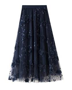 Acrawnni Damen-Tüllrock, elastisch, hohe Taille, Blumendruck, Abgestuft, geschichtet, unregelmäßiges Mesh, Ballett, Abschlussball, Party, Tüll, Tutu (D-Navy Blue, One Size) von Acrawnni