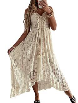 Acrawnni Damen V-Ausschnitt Ärmellos Strick Spitze Ausschnitt Sling Maxikleid Rüschen Offener Rücken Unregelmäßiger Saum Partykleid Boho Strandkleid (A-Beige, L) von Acrawnni