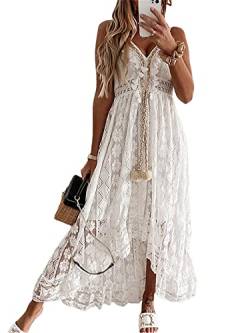 Acrawnni Damen V-Ausschnitt Ärmellos Strick Spitze Ausschnitt Sling Maxikleid Rüschen Offener Rücken Unregelmäßiger Saum Partykleid Boho Strandkleid (A-White, L) von Acrawnni