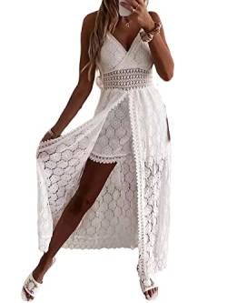 Acrawnni Damen V-Ausschnitt Ärmellos Strick Spitze Ausschnitt Sling Maxikleid Rüschen Offener Rücken Unregelmäßiger Saum Partykleid Boho Strandkleid (B-Beige, XL) von Acrawnni