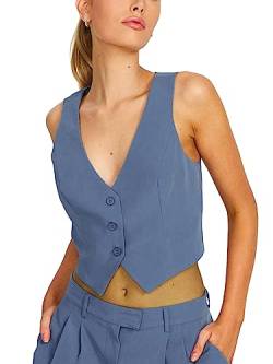 Acrawnni Damen Y2K Weste Neckholder Button Down Dressy Westen Smoking Anzug Racerback Ärmellos Vintage Slim Fit Streetwear, K-blau, 38 von Acrawnni