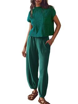 Acrawnni Damen Zweiteilige Outfits Pullover Sets Rippstrick Kurzarm Pullover Tops und Hohe Taille Weites Bein Hose mit Taschen, A-grün, 42 von Acrawnni
