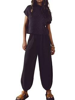 Acrawnni Damen Zweiteilige Outfits Pullover Sets Rippstrick Kurzarm Pullover Tops und Hohe Taille Weites Bein Hose mit Taschen, A-schwarz, 36 von Acrawnni