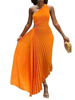 Acrawnni Frauen One Shoulder Plissee Maxikleid Ärmellos Ausschnitt Unregelmäßiger Saum Gerafft Bodycon Langes Kleid Party Abend Cocktailkleid, A-Orange, L von Acrawnni