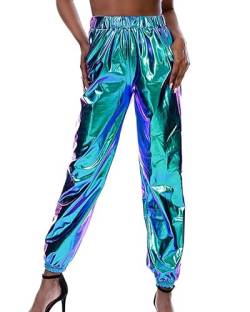 Acrawnni Glänzende metallische Damen-Hose, elastische Taille, holografisch, Hip-Hop, gerade, weites Bein, lange Hose, Clubwear mit Taschen, C-Blau, L von Acrawnni