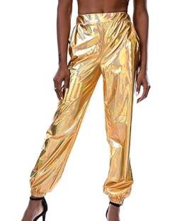 Acrawnni Glänzende metallische Damen-Hose, elastische Taille, holografisch, Hip-Hop, gerade, weites Bein, lange Hose, Clubwear mit Taschen, C-Gold, L von Acrawnni