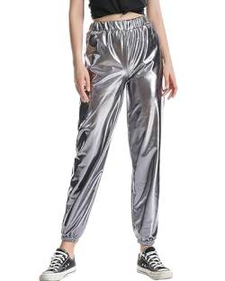 Acrawnni Glänzende metallische Damen-Hose, elastische Taille, holografisch, Hip-Hop, gerade, weites Bein, lange Hose, Clubwear mit Taschen, D-grau, M von Acrawnni