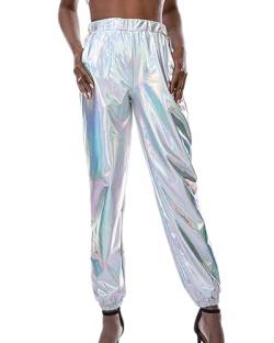 Acrawnni Glänzende metallische Damen-Hose, elastische Taille, holografisch, Hip-Hop, gerade, weites Bein, lange Hose, Clubwear mit Taschen, D-weiß, XXL von Acrawnni