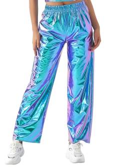Acrawnni Glänzende metallische Damen-Hose, elastischer Bund, holografisch, Hip-Hop, gerade, weites Bein, lange Hose, Clubwear mit Taschen, A-Blau, S von Acrawnni
