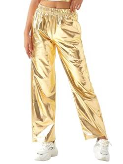 Acrawnni Glänzende metallische Damen-Hose, elastischer Bund, holografisch, Hip-Hop, gerade, weites Bein, lange Hose, Clubwear mit Taschen, A-Gold, M von Acrawnni