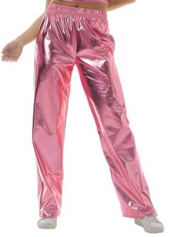 Acrawnni Glänzende metallische Damen-Hose, elastischer Bund, holografisch, Hip-Hop, gerade, weites Bein, lange Hose, Clubwear mit Taschen, A-Pink, S von Acrawnni