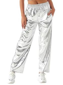 Acrawnni Glänzende metallische Damen-Hose, elastischer Bund, holografisch, Hip-Hop, gerade, weites Bein, lange Hose, Clubwear mit Taschen, A-Silber, L von Acrawnni