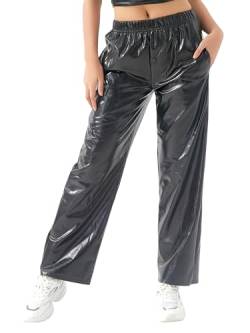 Acrawnni Glänzende metallische Damen-Hose, elastischer Bund, holografisch, Hip-Hop, gerade, weites Bein, lange Hose, Clubwear mit Taschen, A-schwarz, XL von Acrawnni