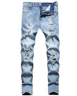 Acrawnni Herren Jeans Ripped Slim Fit Jeans Stretch Distressed Destroyed Skinny Zipper Solid Color Straight Leg Denim Pants, A-hellblau, 31-35 von Acrawnni