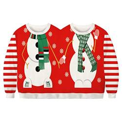 Acrawnni Herren und Damen Zwei Personen Ugly Christmas Sweater 3D Printed Sweatshirt Couple Funny Xmas Conjoined Twin Pullover, A-rot Weiß, Einheitsgröße von Acrawnni
