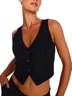 Acrawnni Y2K Damen-Weste, Neckholder, Knopfleiste, elegante Weste, Smoking, Racerback, ärmellos, Vintage, schmale Passform, Streetwear (K-Schwarz), K-schwarz, 36 von Acrawnni