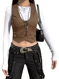 Acrawnni Y2K Damen-Weste, Neckholder, Knopfleiste, elegante Weste, Smokinganzug, Racerback, Vintage, schmale Passform, Streetwear, B-hellbraun, 36 von Acrawnni